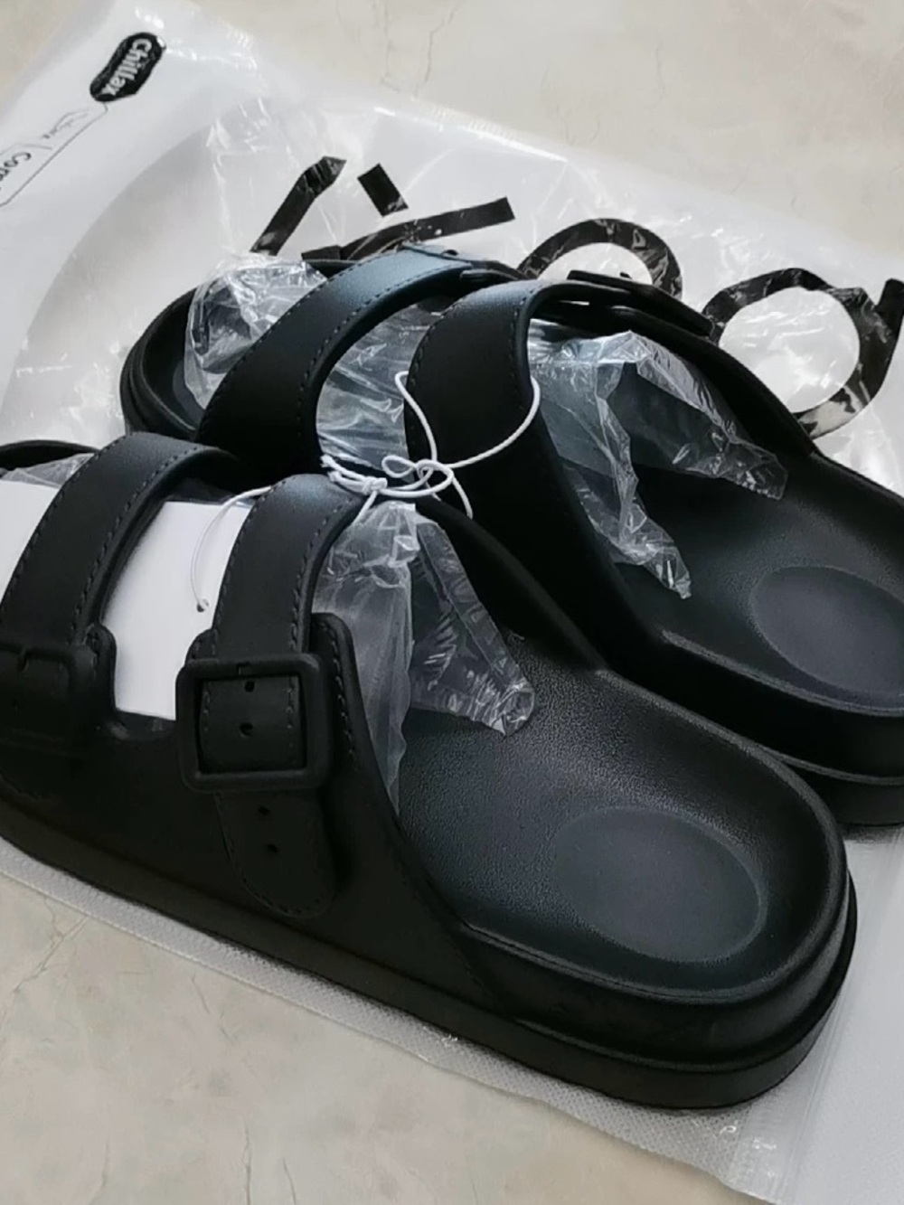 Black Double Buckle Slide Sandals